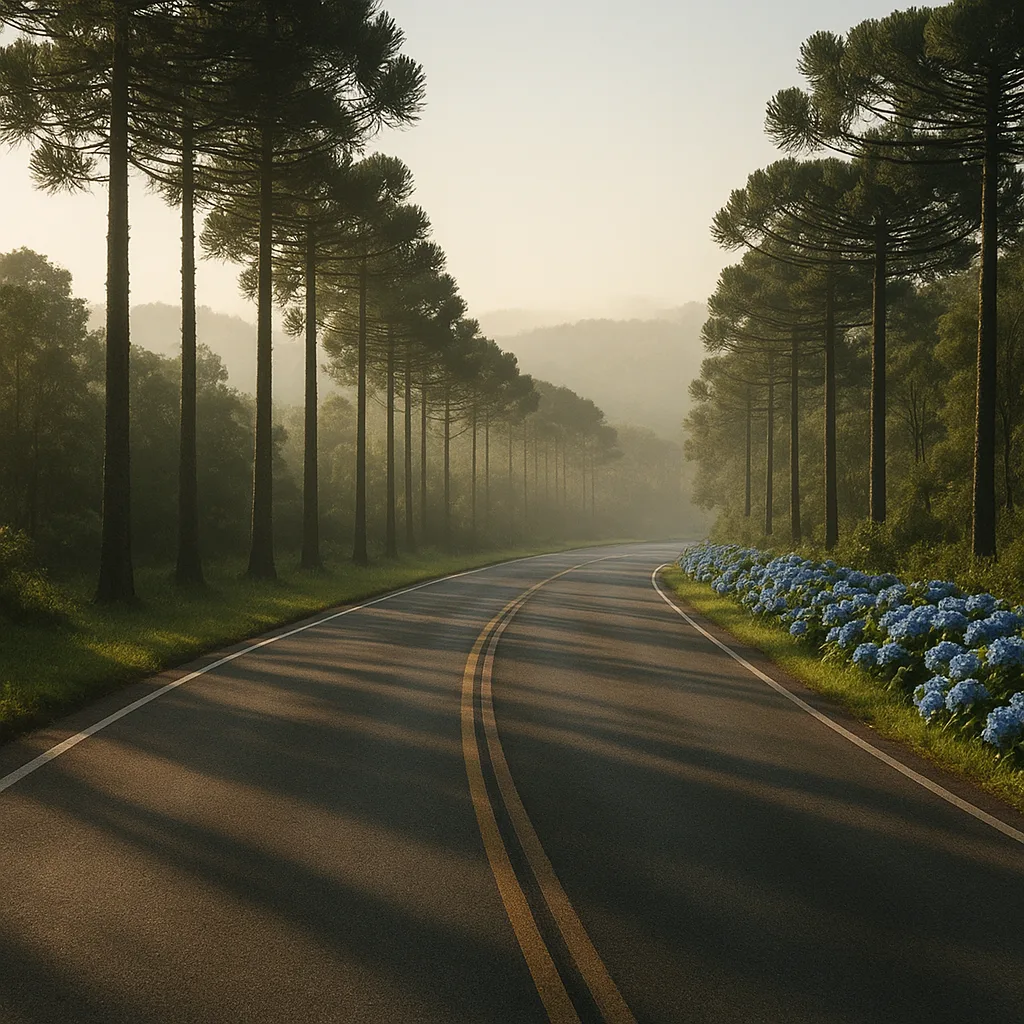 Estrada de serra gaúcha em curva, com araucárias e hortênsias azuis na beira, numa manhã com neblina leve.